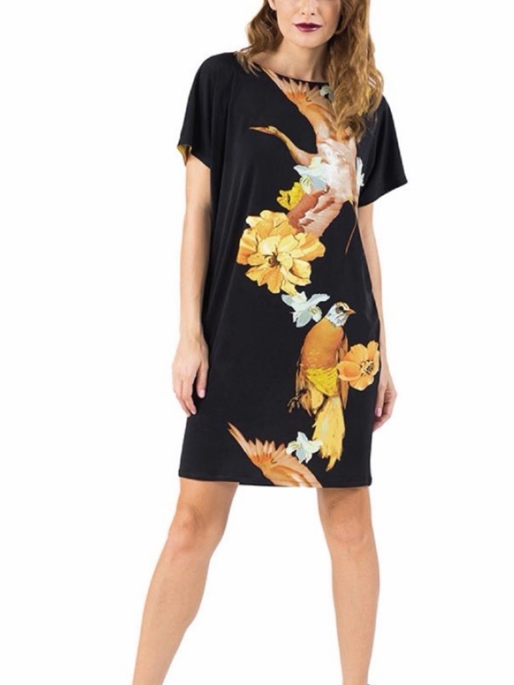 Eva Varro Tunic Dress Tropical Flowers Birds T-Shirt Wedge Dress Medium $198